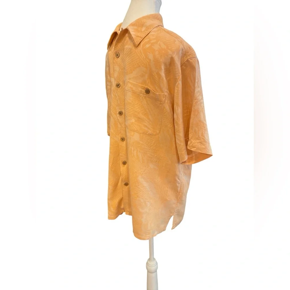 Banana Cabana Men’s 100% Silk Hawaiian Shirt M Peach Tropical Jacquard- Y2K VNTG